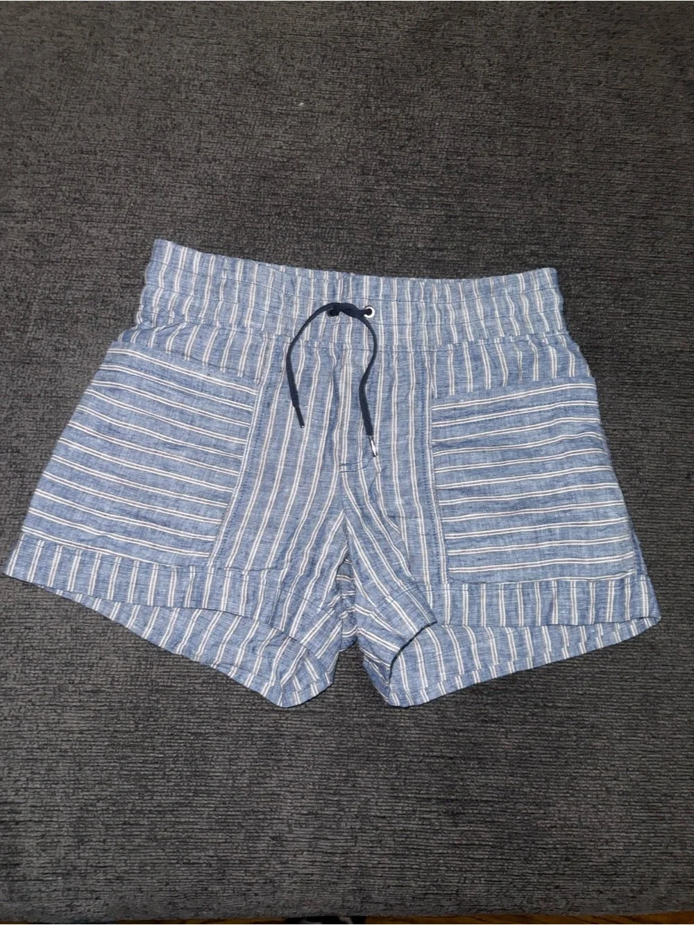 Athleta Linen Striped Pull-On Shorts Blue White Women’s Size 4 Pockets - Picture 3 of 9